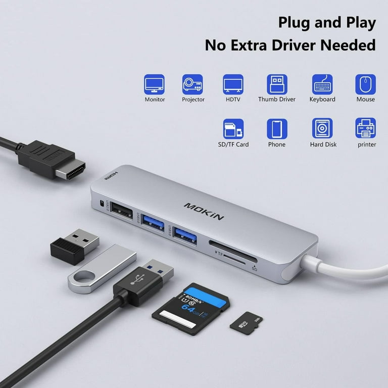 MOKiN Adaptador HDMI USB C Hub para MacBook Pro/Air, adaptador USB C 7 en 1  con HDMI, lector de tarjetas SD/TF, puerto de datos USB C, 100 W PD y 2