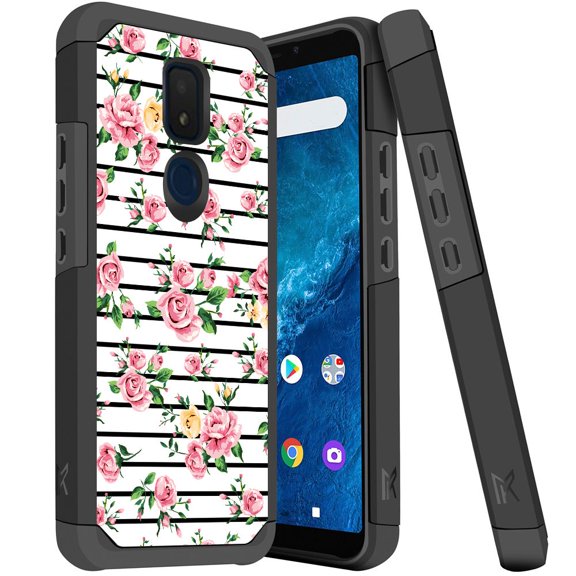 ANJ  Slim Dual Layer Hybrid Shockproof Case   Tempered Glass Cover for Cricket Icon 3, Splendor, AT&T Motivate 2 - Pink Roses Pallette