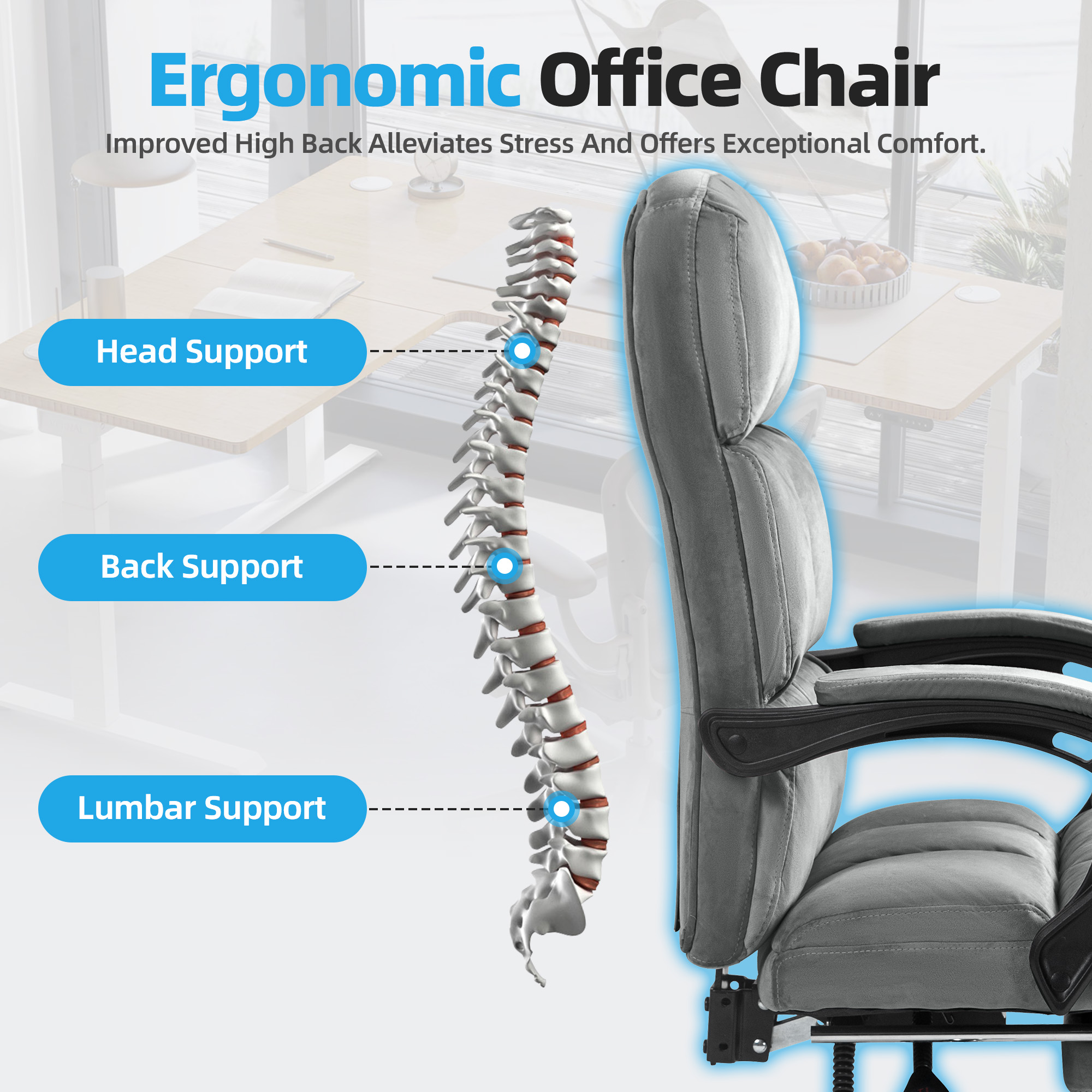 Homhum Velvet Executive Chair, Ergonomic Office Chair with Footrest, Gray