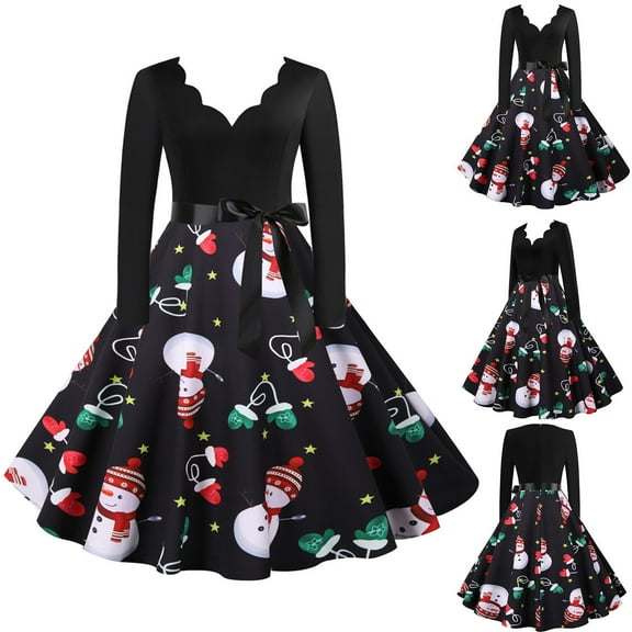 Christmas Dresses Women Long Sleeve Christmas Dress Christmas Printed Pleated Dress with Tie At Waist V-Neck