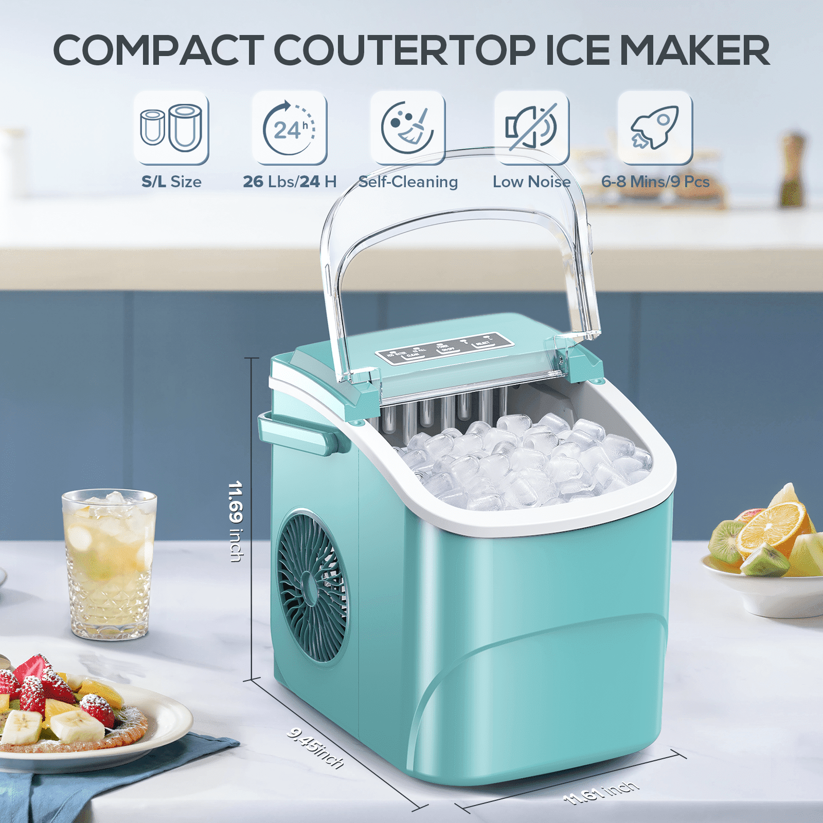 Auseo Countertop Ice Maker Machine 26 lbs/24H, 2 Sizes of Bullet Ice, 9 Bullet-Shaped Ice in 6 Min, Auto-Cleaning, Green