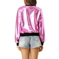 thumbnail image 4 of MODA NOVA Juniors Halloween Costume Casual Stand Collar Metallic Zip Crop Length Bomber Jacket Pink M, 4 of 7