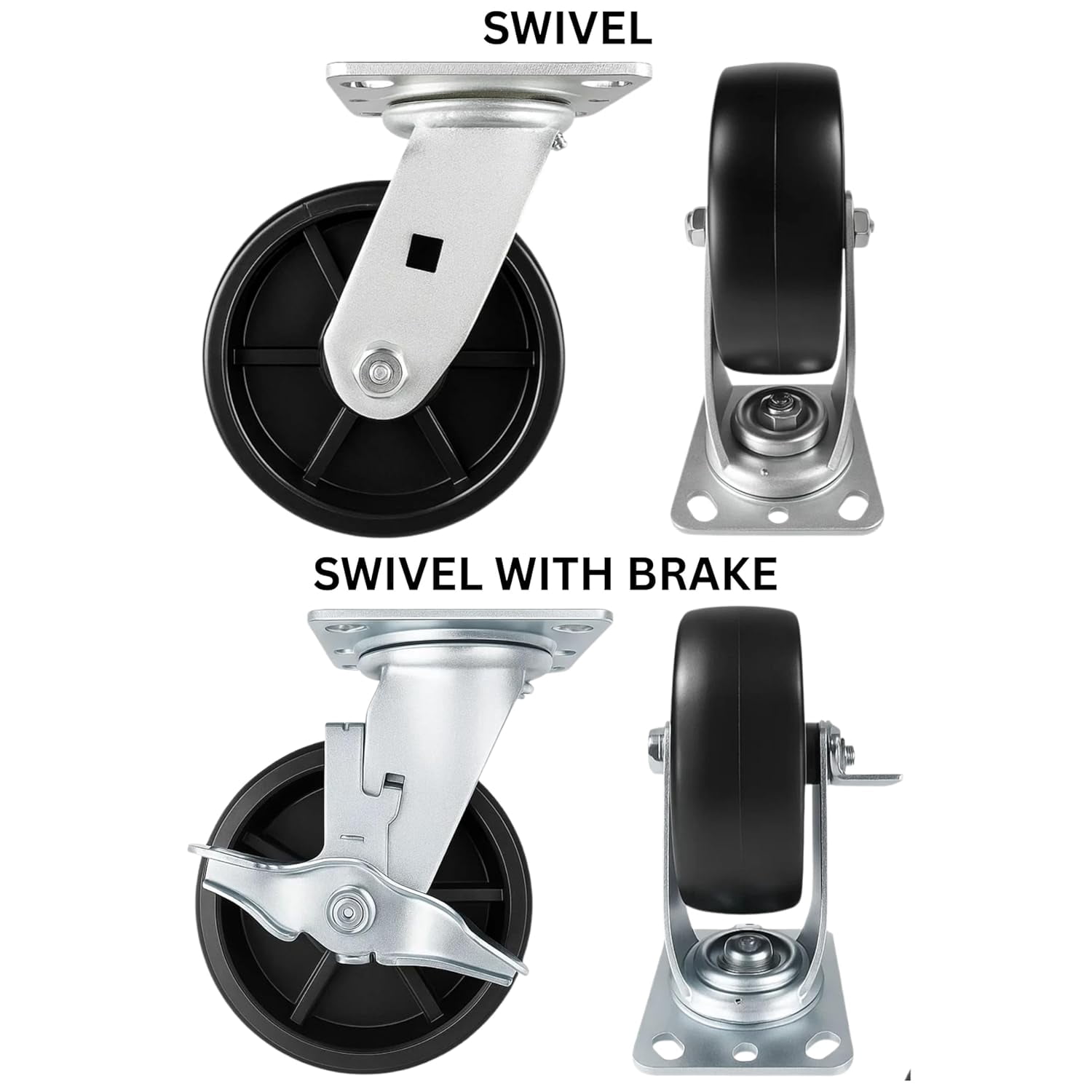 4 Heavy Duty Caster Set 6" Plastic Wheels - 2 Swivel + 2 Swivel with Brake