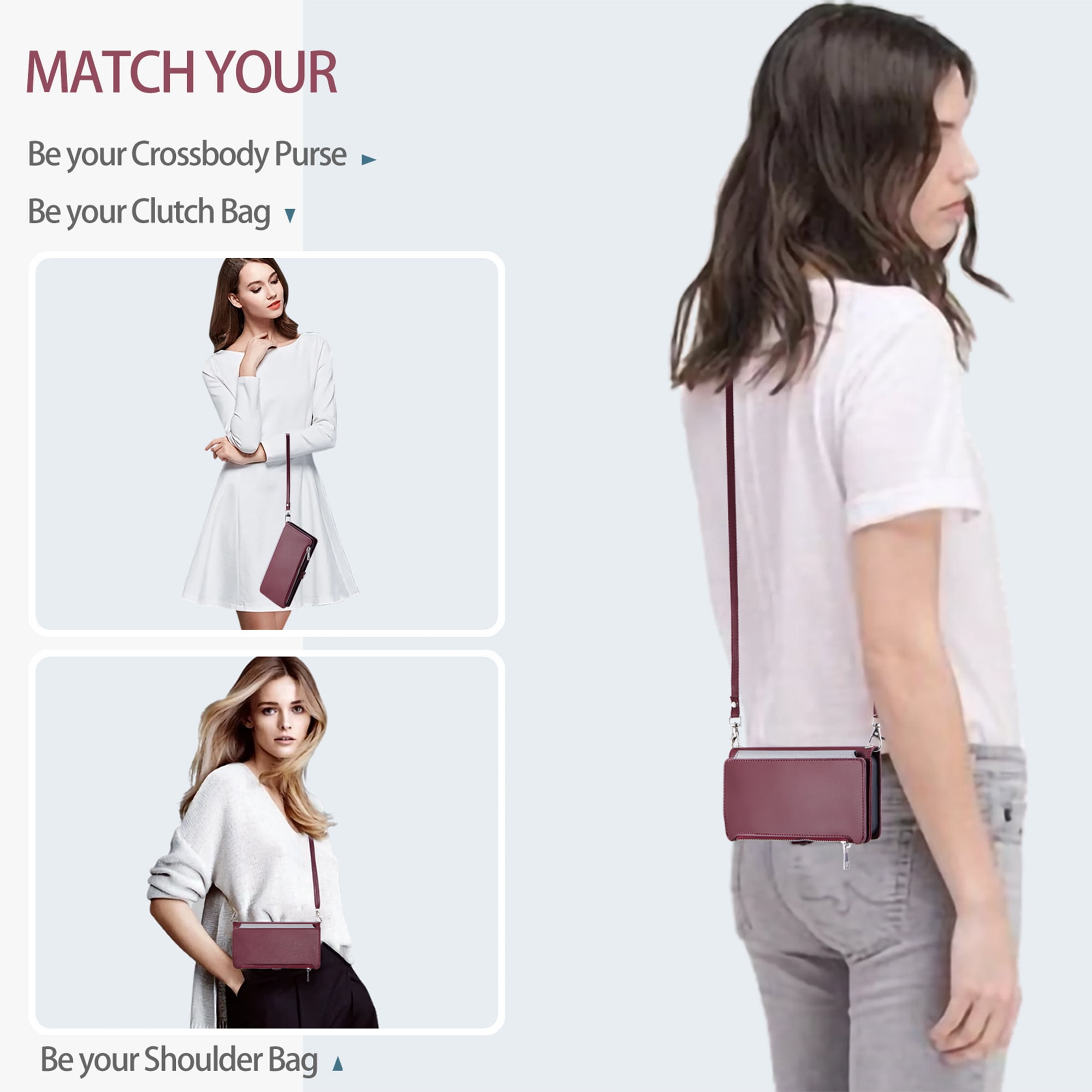 Dteck for iPhone 6s/6 Wallet Case, Crossbody Zipper Purse with Wrist for Women Men, 8-Card Slots Holder PU Leather Kickstand Flip Cover Phone Case,Winered