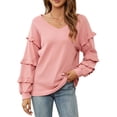thumbnail image 2 of Yuyuzo Chandails à Manches Longues pour Femmes Décontractés à Col en V Tuniques Amples à Volants Couleur Unie Chic T-Shirt Basique Surdimensionné, 2 of 6