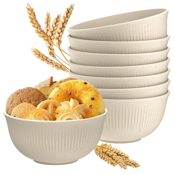 GPED 8 Pcs Unbreakable Cereal Bowls Set, 26 Oz Wheat Straw Bowls Set, Salad Bowls, Soup Bowls, Reusable Plastic Bowls, BPA Free, Microwave & Dishwasher Safe Bowls for Kitchen, Beige