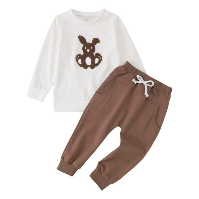 JIKNTTR Easter Boy's Spring Autumn Baby Rabbit Wool Embroidered Long Sleeved Hoodie + Trousers Two Piece Set Beach Vacation Outfits