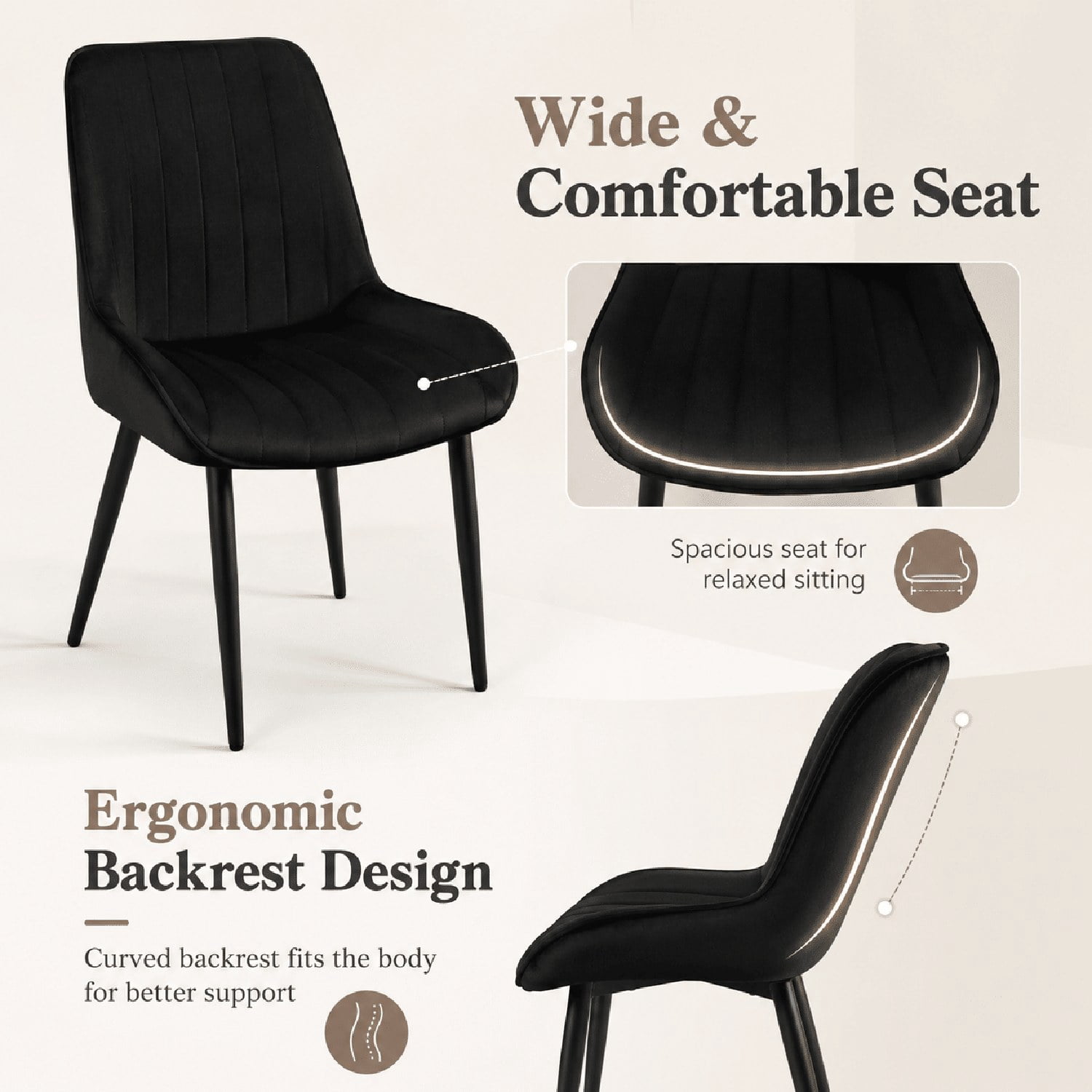 Modern Velvet Dining Chairs with Metal Legs, Set of 2, Upholstered Fabric Chairs for Dining Room, Kitchen, Bedroom, and Office
