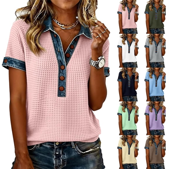 Denim Collar Pullover Sweaters for Women Casual Short Sleeve Waffle Knit Henley Tops Oversized Button Loose Fit Shirts, XL