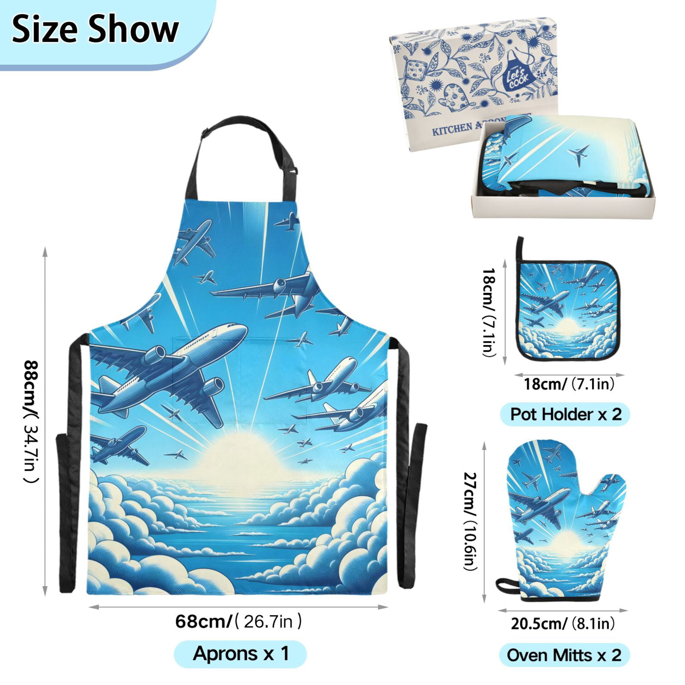 Airplanes Flying in Sky 5 Pcs Kitchen Set Heat Resistant Oven Mitts and Non-Slip Pot Holders with Adjustable Cooking Apron