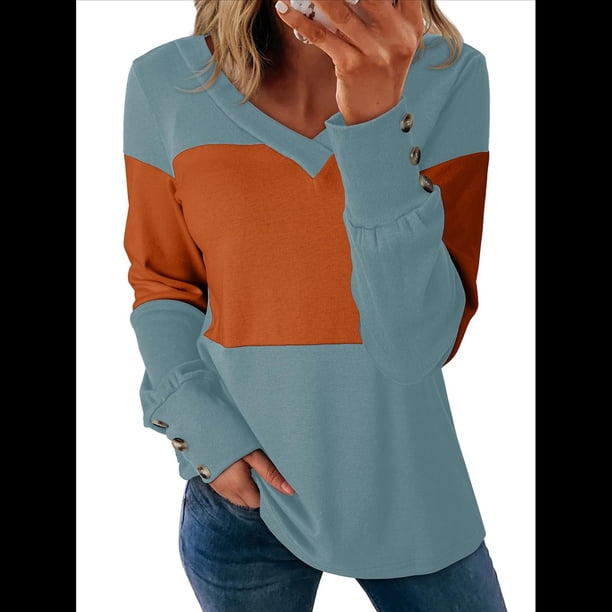 Blusas Elegantes e Informales para Mujer, con Bloques de Color, de Larga y Cuello en V, para Otoño. Azul L