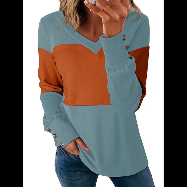 Blusas Elegantes e Informales para Mujer, con Bloques de Color, de Larga y Cuello en V, para Otoño. Azul S