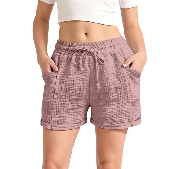 CPNG Girls Cotton Linen Casual Shorts Elastic High Waist Shorts Solid Color Summer Comfy Loose Drawstring Shorts with Pockets(Light Pink,13-14 Years)