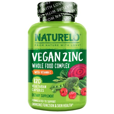 NATURELO Vegan Zinc Whole Food Complex Supplement with Vitamin C for Immune Support and Healthy Skin, Hair, and Nails - 120 Capsules