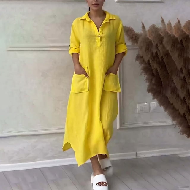 Qiopertar Robe Décontractée à Manches Longues en Coton et Lin Col en V Printemps et Été pour Femmes en Solde à Moins de 5$ en Solde