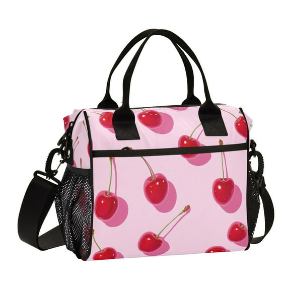 Stylish Insulated Lunch Tote Bag Lunch Cooler Tote Reusable Cooler Bag for Work, Camping, Picnic, Beach Red Cherries
