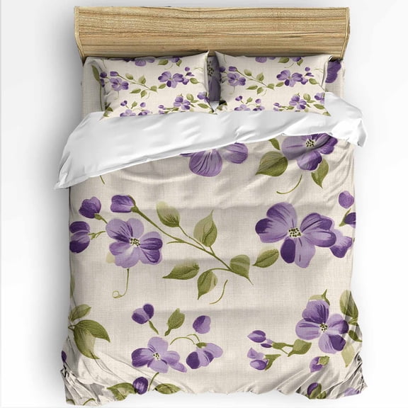 Purple Floral Full Size Comforter Set, Green Leaf Spring Vintage Soft Bedding for All Seasons, 4 Pcs Bed Set with 1Comforter (86"x86") ,1 Sheet(80"x116"), 2 Pillowcases (19"x29")