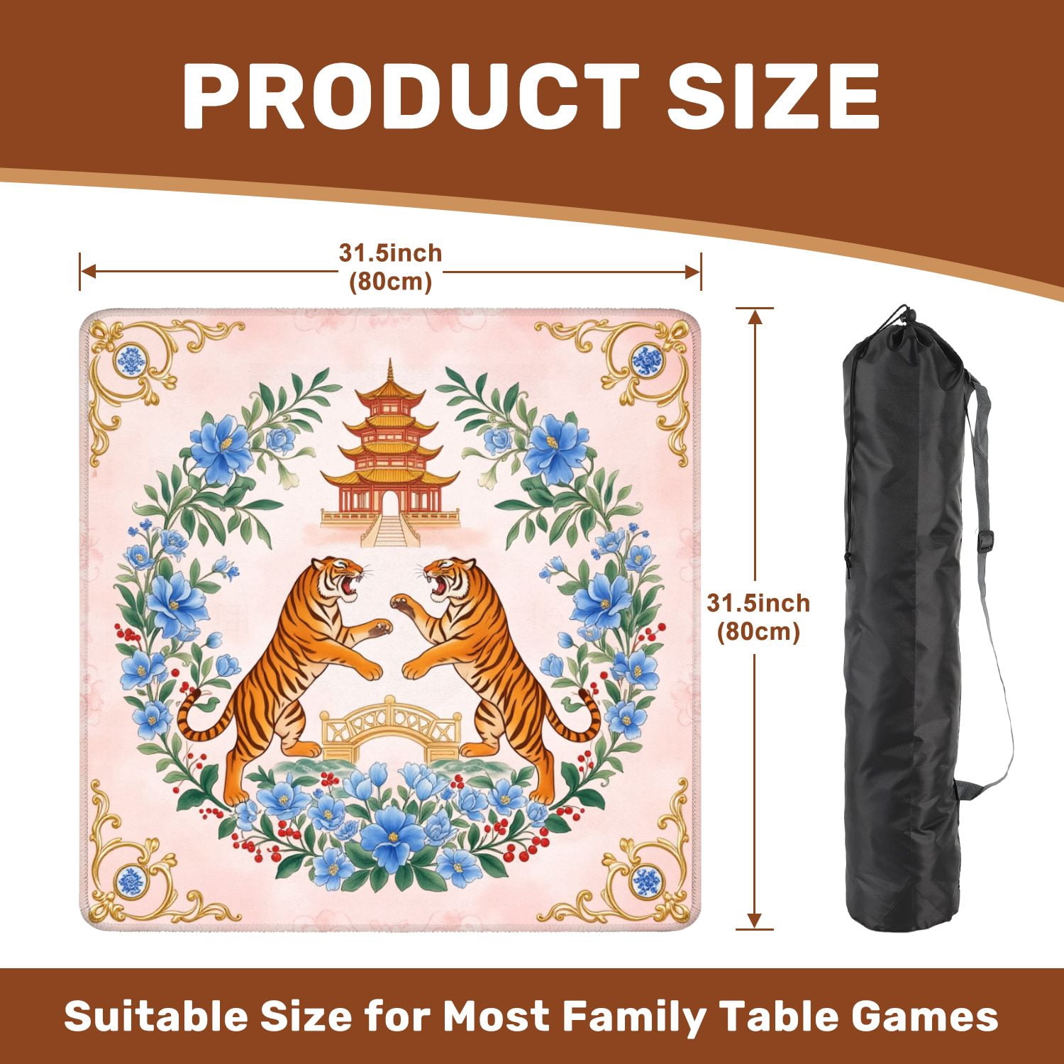 Mahjong Mat 31.5" x 31.5" Oriental Two Roaring Tigers Pagoda Floral Wreath Decorative Bridge Non-Slip Noise Reduction American Mahjong Tiles Table Cover for Dominoes Poker Card Board Games Gift