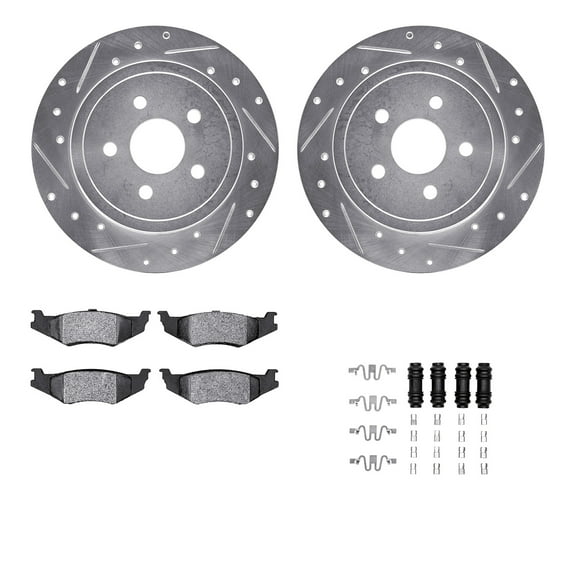 Dynamic Friction Company Rear Brake Rotors-Drilled and Slotted-Silver with 5000 Advanced Brake Pads includes Hardware 7512-39000