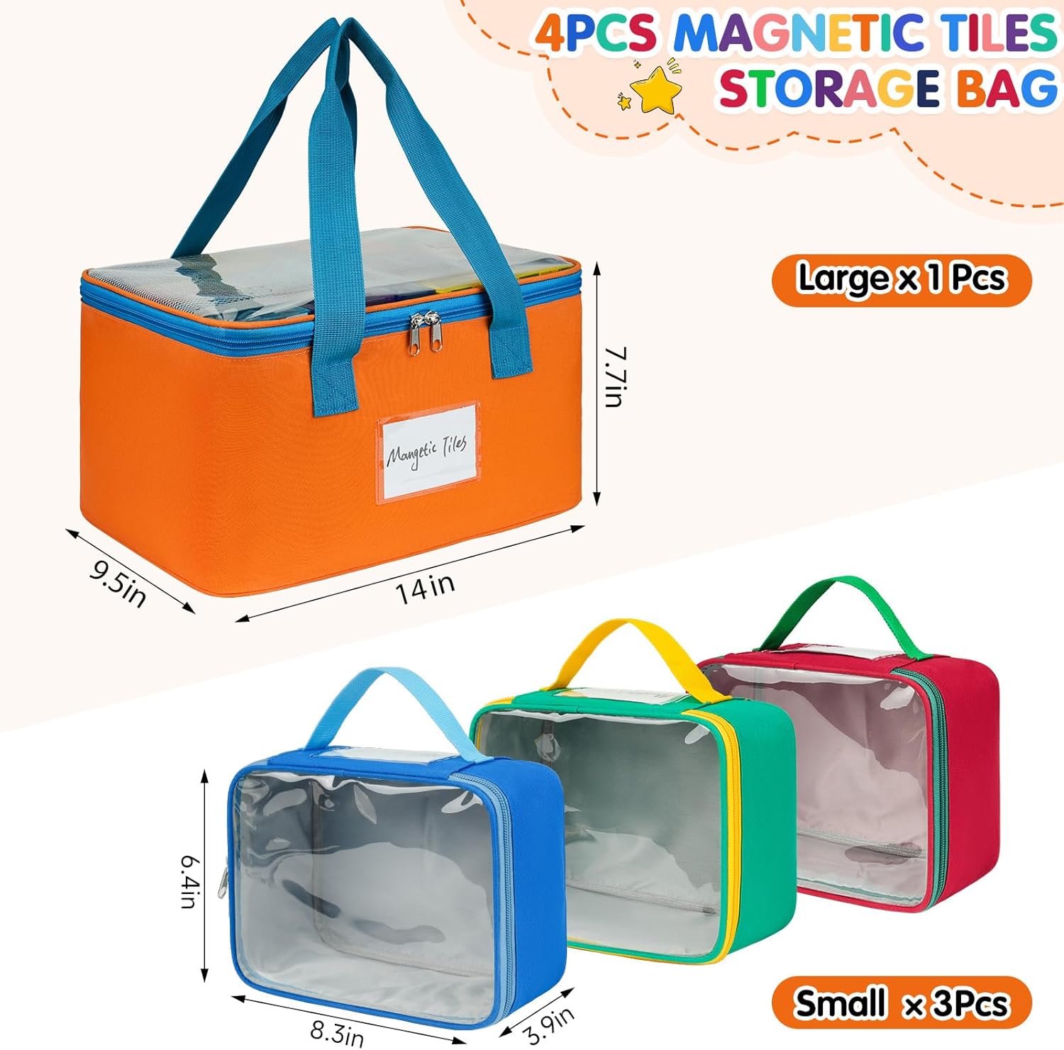 4 Packs Magnetic Tiles Storage Bags,Magnetic Tiles Storage Bin,Toy Organizer Case with Mesh Pocket and Tag Pocket for Magnet Building Tiles,Board Game,Puzzle and  Bricks