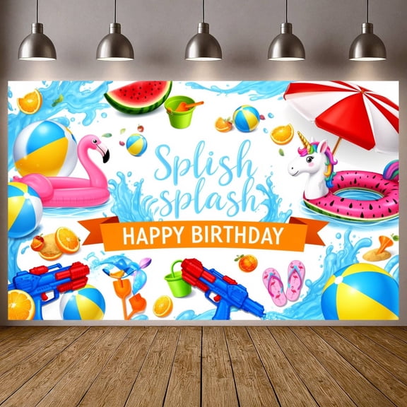 Colorful Flamingo Splish Splash Birthday Banner Unicorn Pattern Water Party Backdrop for Kids Pool Parties Outdoor Summer Events Backyard Splash Gatherings