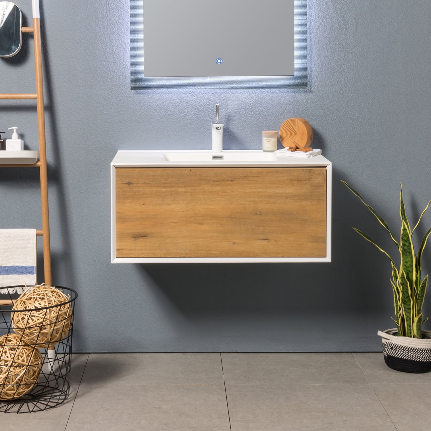 SSLine Wall Mounted Bathroom Vanity with Sink Modern 30 Floating Bathroom  Vanity with White Ceramic Sink & 2 Doors Cabinet Imitative Oak Wood