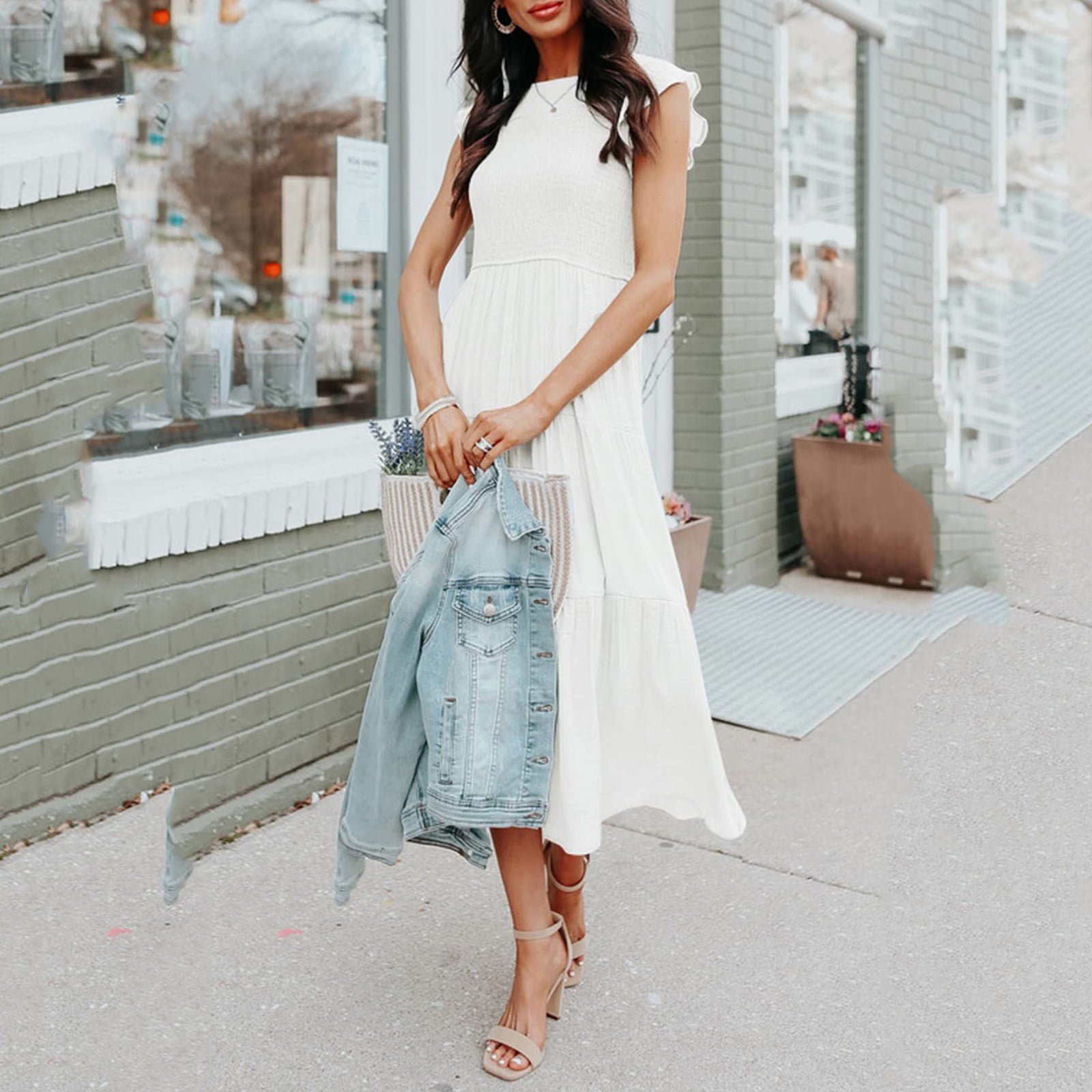 Womens Dresses Summer Midi Casual Flutter Short Sleeve Crew Neck Smocked  Elastic Waist Tiered Midi Graduation Dress For Women Midi - Walmart.com