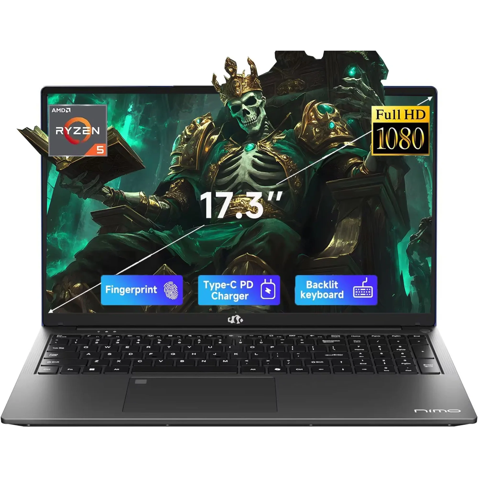 ESOOR 17.3" FHD IPS Gaming Laptop - AMD Ryzen 5 6600H (6-Core) Computer with Radeon 660M, 16GB DDR5 RAM, 1TB SSD, Backlit Keyboard, 100W Type-C, Fingerprint,Windows 11-Gray