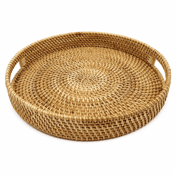 Kabuer Round Rattan Serving Tray, Decorative Woven Ottoman Tray with Handles for Coffee Table, 11.8 x 2.4 inch