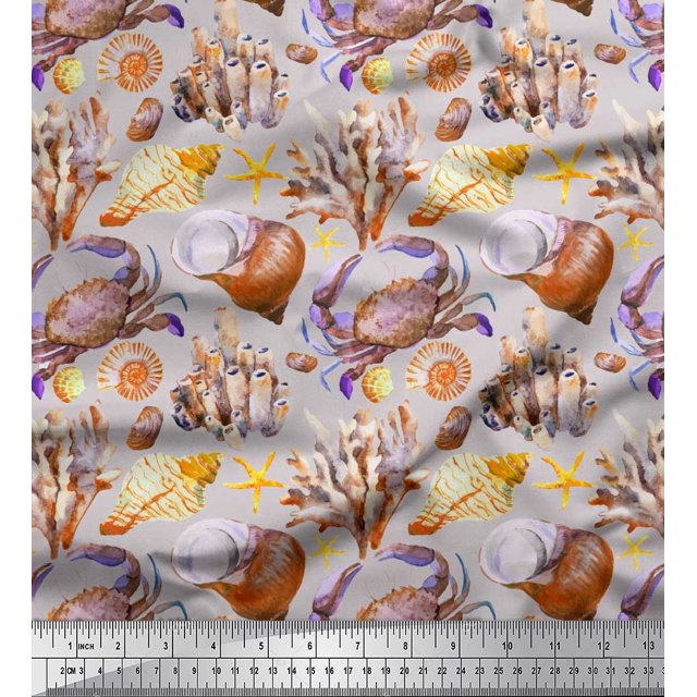Soimoi Grey polyester Crepe Fabric Crab,Shell & Coral Ocean Print Fabric by Yard 42 Inch Wide