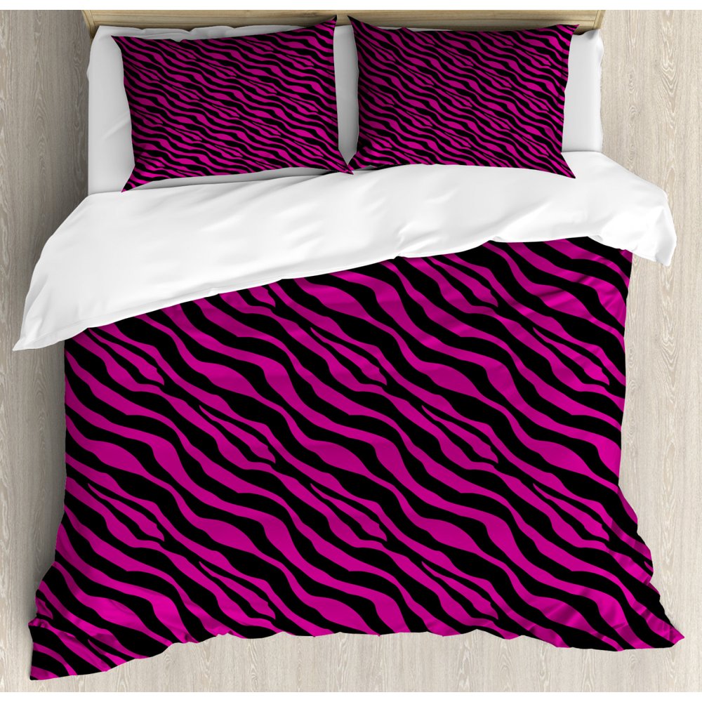 Pink Zebra Queen Size Duvet Cover Set, Wild Zebra Background Stripes