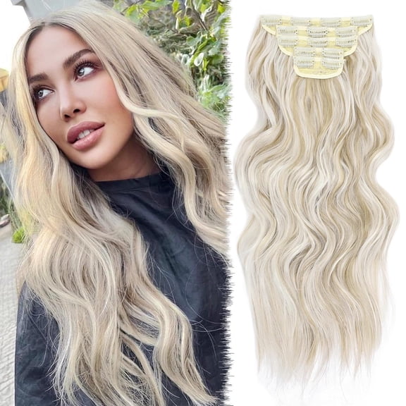 WEIF-Synthetic Clip in Hair Extensions for Women 20 Inch 5Pcs Long Wavy Curly Ash Blonde Highlight Hair Extensions Clip ins Full Head Synthetic Hair Extension for Women