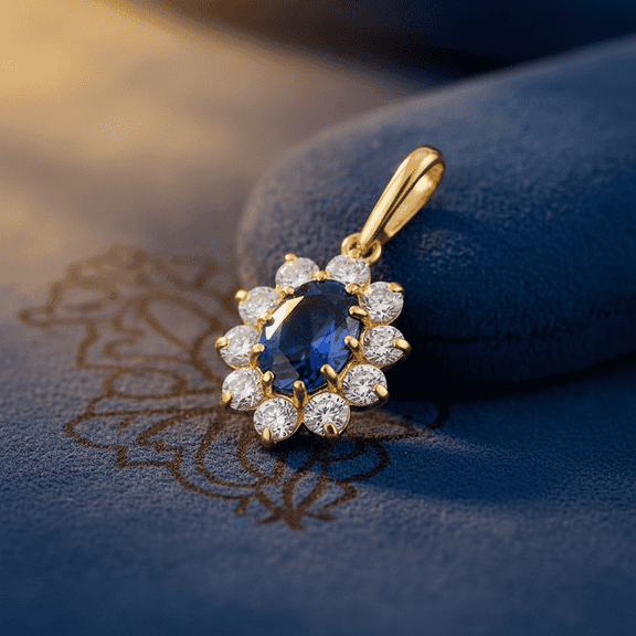 Vinali Solid 14K Yellow Gold Oval Blue Simulated Sapphire Pendant