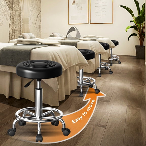 Happydeer Round Rolling Stool Chair, PU Leather Height Adjustable Shop Stool Swivel Beauty Stool, without Backrest, Black Stools with Wheels for Drafting Work SPA Salon Office