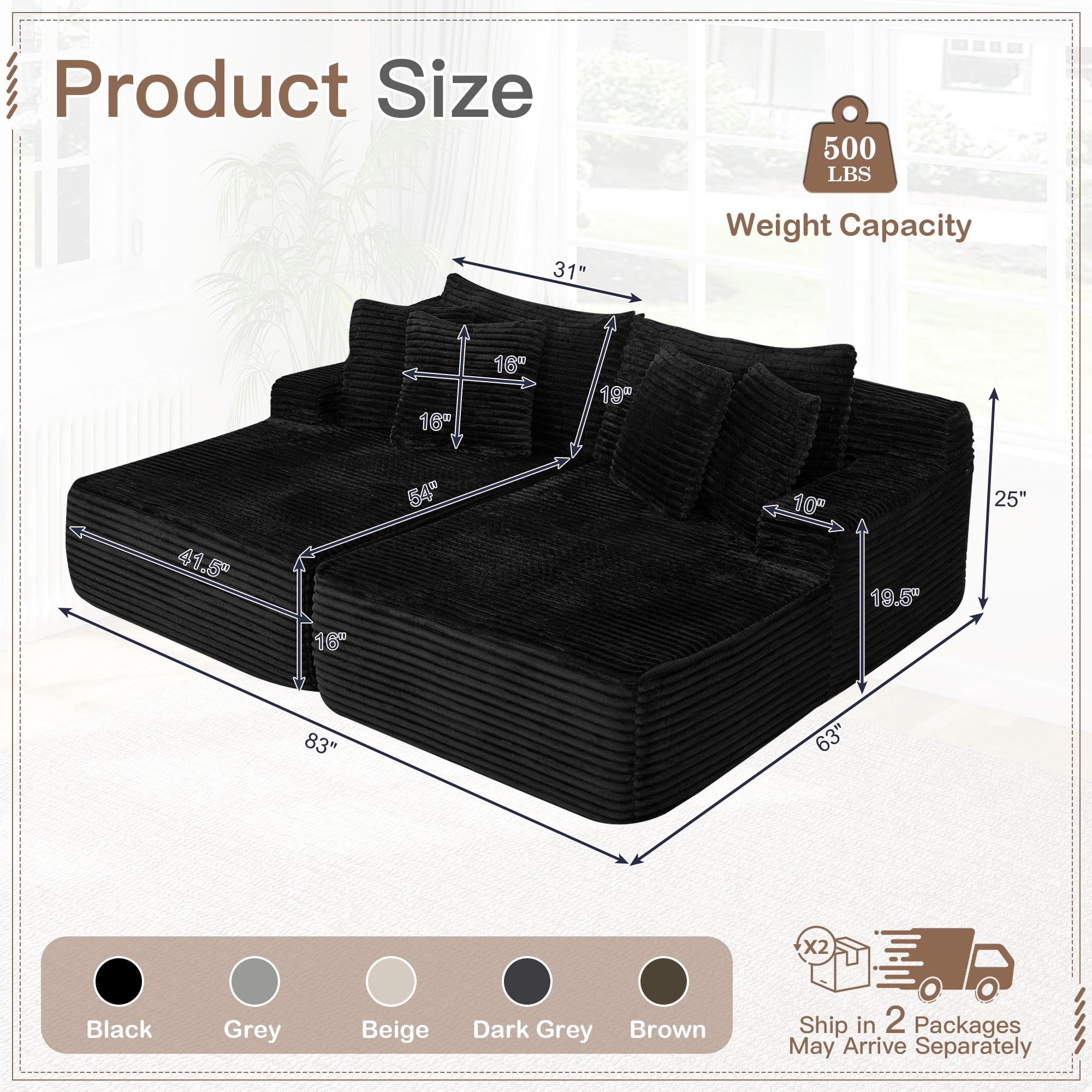Muumblus 83" Oversized Double Chaise Lounge Chair Indoor, Modern Boneless Plush Corduroy Upholstered Modural Sectional Sleeper Cloud Couch for Living Room Apartment, Black