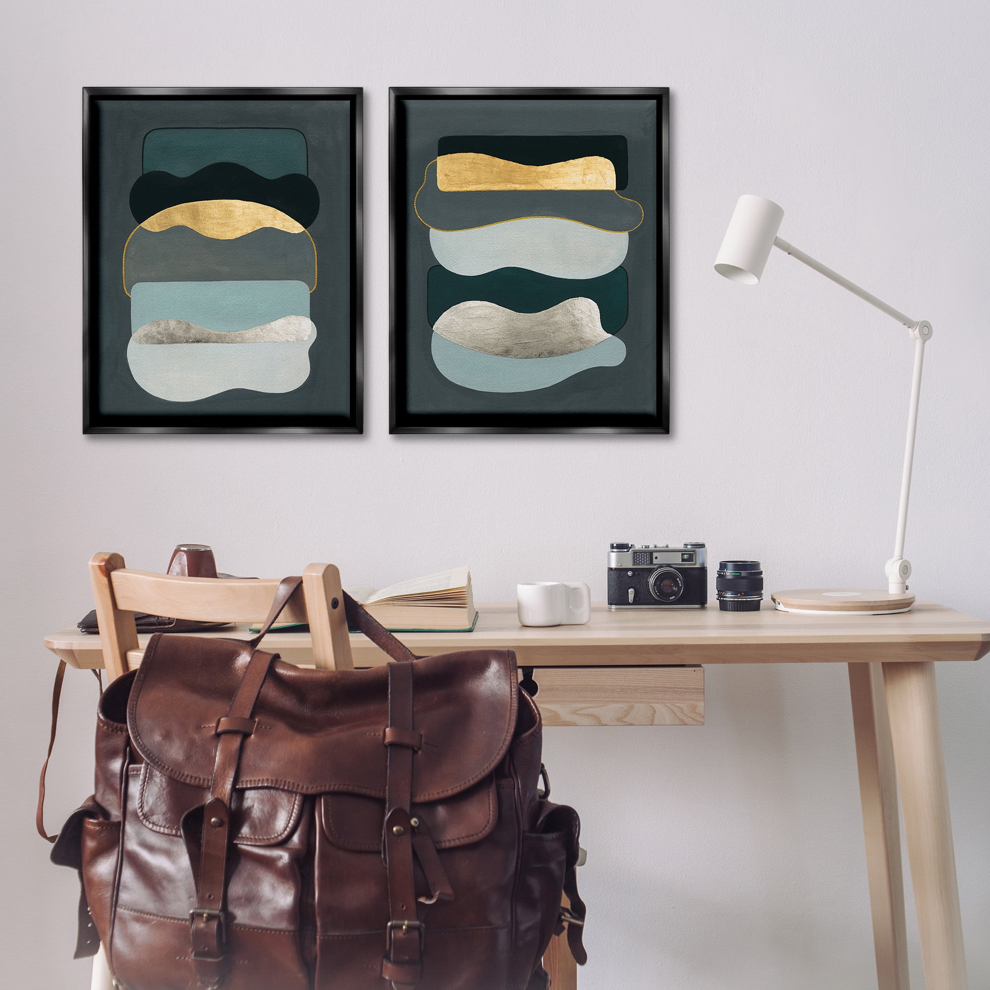 Stupell Industries Shapes with Glam Details Abstract Painting Black Floater Framed Canvas Art Print Wall Art, 25 x 31, Set of 2