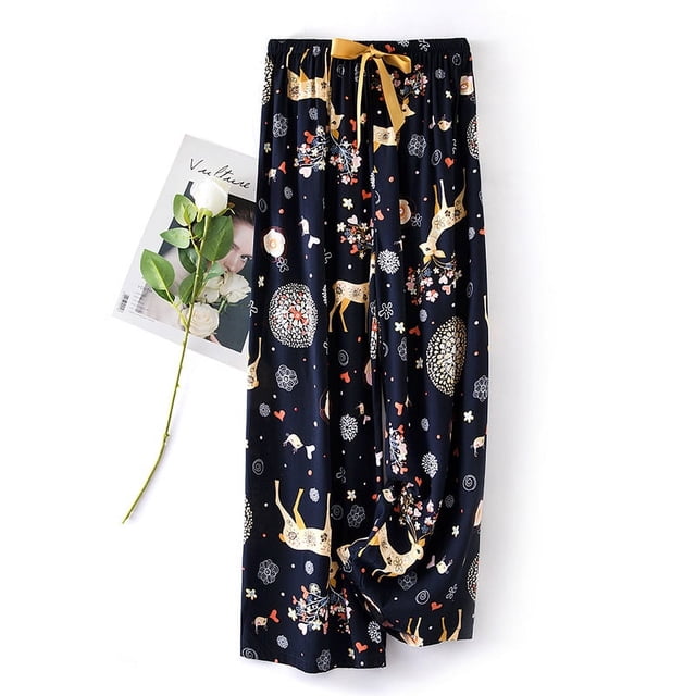 Pijamas de seda de algodón, pantalones, pantalones anchos de malla fina de algodón artificial de verano para mujer, pantalones holgados de aire acondicionado para el hogar de primavera y otoño