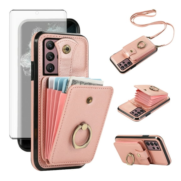 Compatible with Samsung Galaxy S22 Ultra 5G Wallet Phone Case Screen Protector Ring Crossbody Strap Stand Credit Card Holder RFID Cell Cover for S22ultra 22S S 22 S22ultra5g 6.8 Women Girls Rose Gold