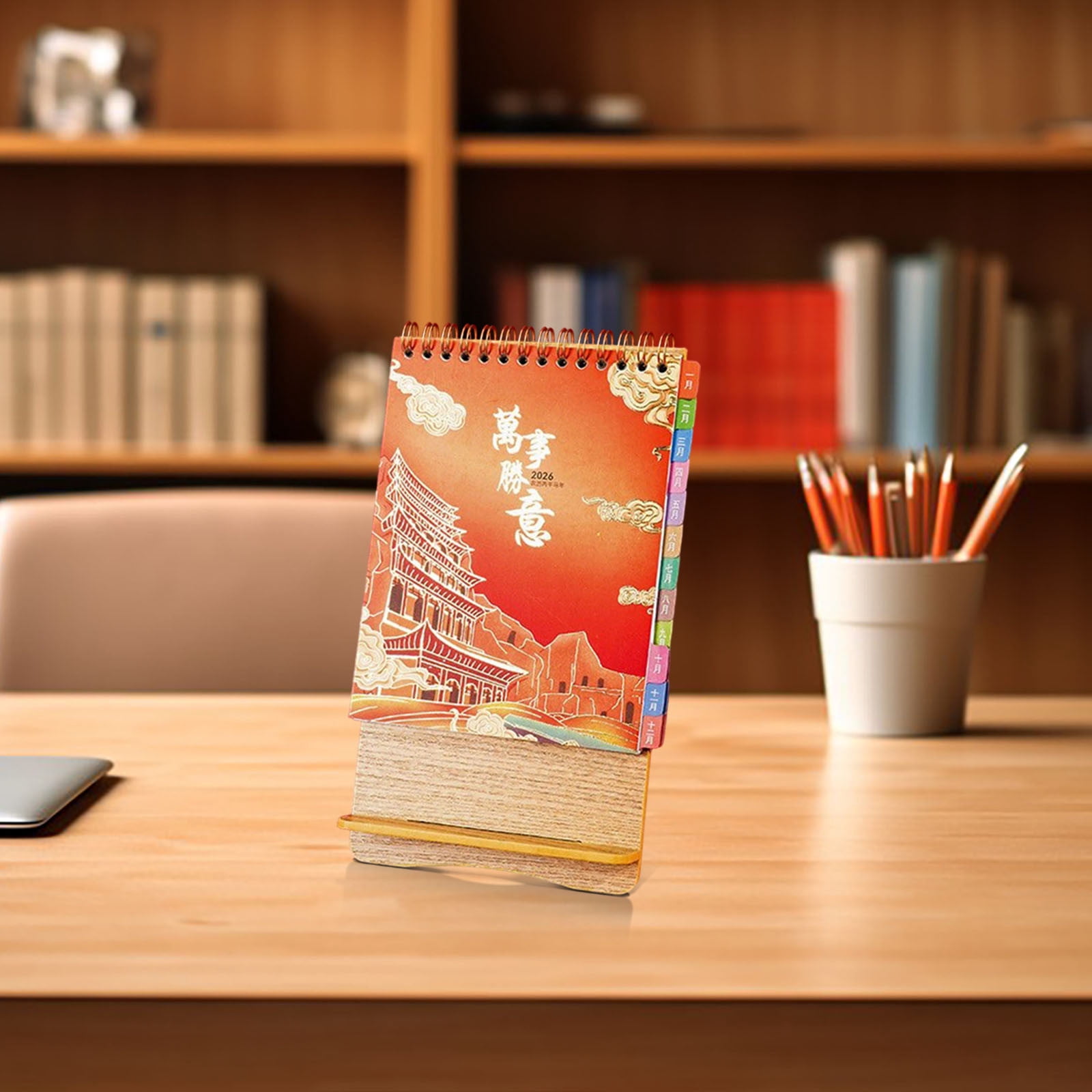 Weloille 2026 Wooden Desk Calendar, Festive Red Paper Office Desktop Mini Calendar with Holiday Markings and Solar Terms