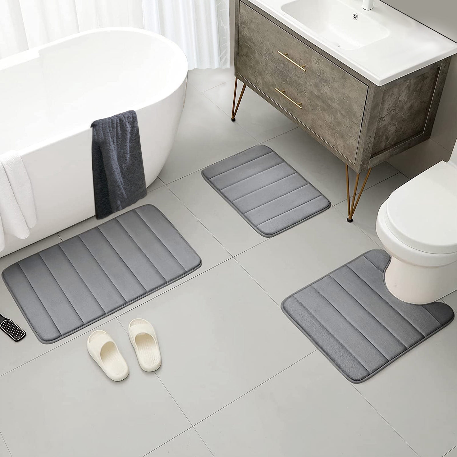 Tripumer Memory Foam Bathroom Mat Set Bathroom Rug Set 3 Piece Non Slip Extra Absorbent Thick Soft Dry Bathroom Mat Sets for Bathroom Washable Carpets Set Light Gray