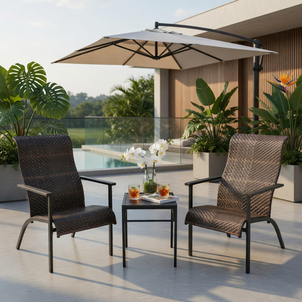 Hommoo 3-Piece Outdoor Patio Bistro Set, Weather-Resistant PE Rattan Table & 2 High-Back Chairs with Armrests, Compact for Balcony, Backyard & Poolside, Brown