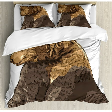 Big Pillows For Sitting Bear Queen Size Duvet Cover Set, Big and Cute Mammal Sitting Smiling Wildlife Beast Nature Inspired Cartoon Mascot, Decorative 3 Piece Bedding Set with 2 Pillow Shams, Taupe Brown, by Ambesonne ()