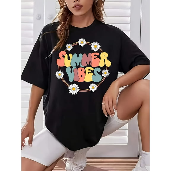 Women's Casual Daisy Print Loose Fit Short Sleeve T-Shirt - 100% Cotton Breathable Summer Top