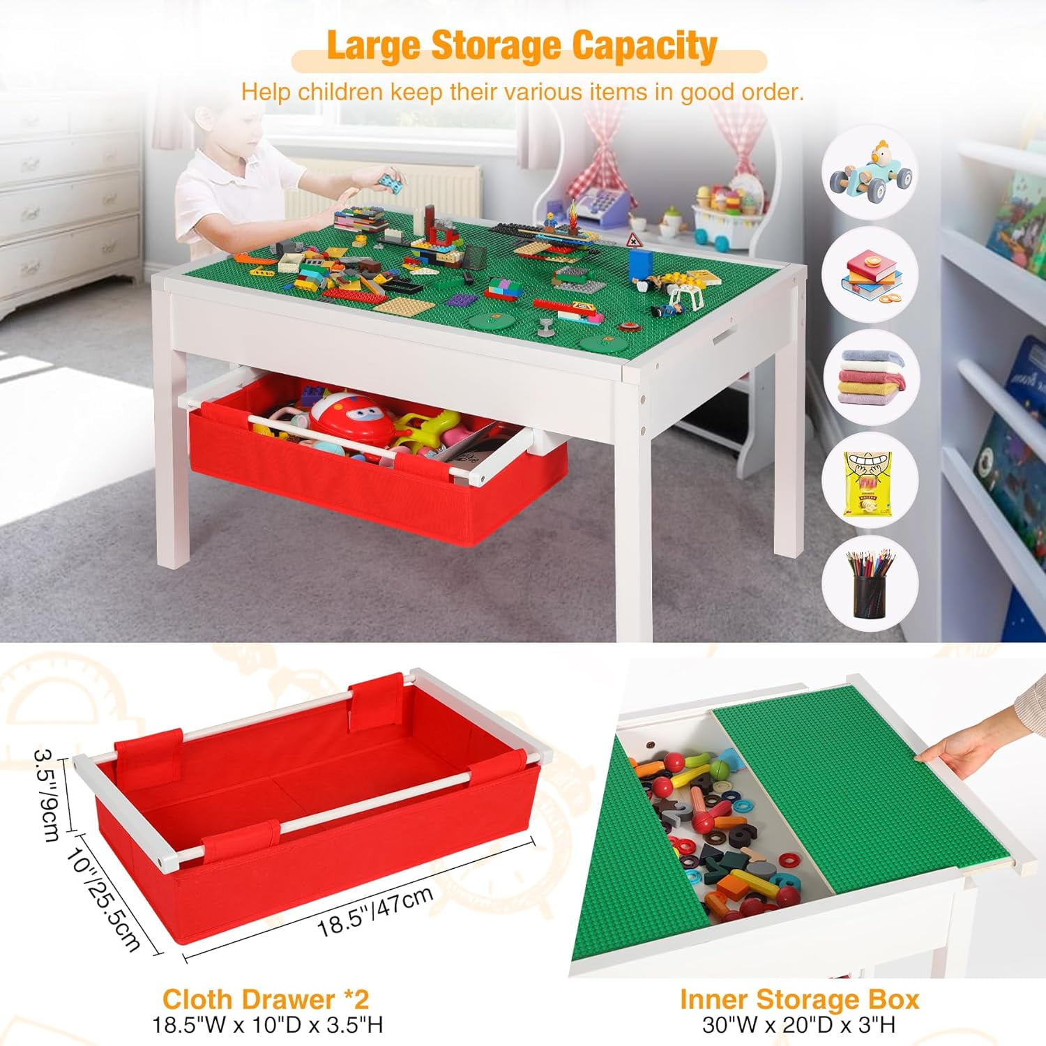 REDCAMP 2 in 1 Kids Activity Table with Storage Drawers Wooden Construction Play Table with Detachable Blocks and Blackboard Tabletop Compatible with