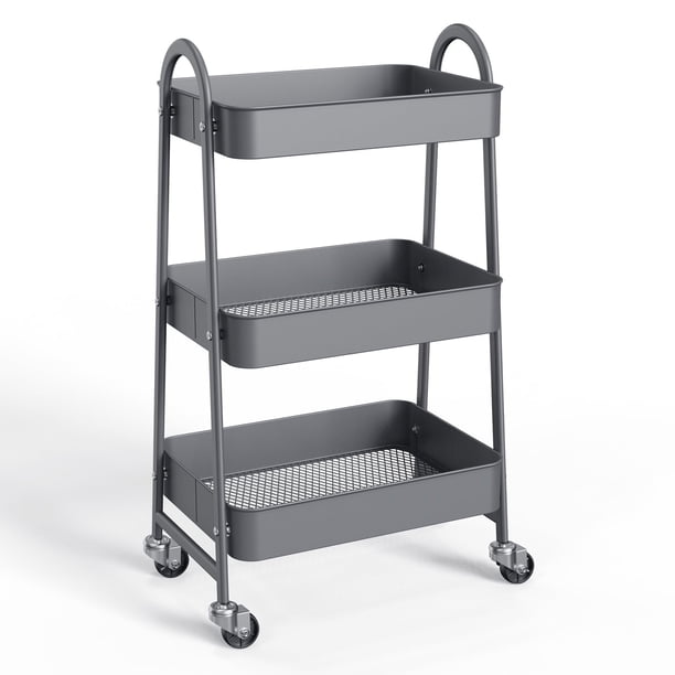 ZUNMOS Carro Rodante Utilitario de 3 Niveles, Carro de Almacenamiento Móvil de Metal con Ruedas Giratorias Bloqueables, Carro Organizador de Estantes de Almacenamiento para Sala de Estar, Baño, Gris