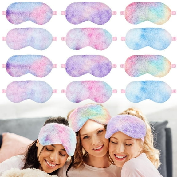 12 Pcs Plush Sleeping Eye Masks Bulk Comfortable Sleep Eye Cover Mask for Kids Women Men Soft Furry Blindfold Faux Fur Shade for Travel Nap Sleepover Party Supplies