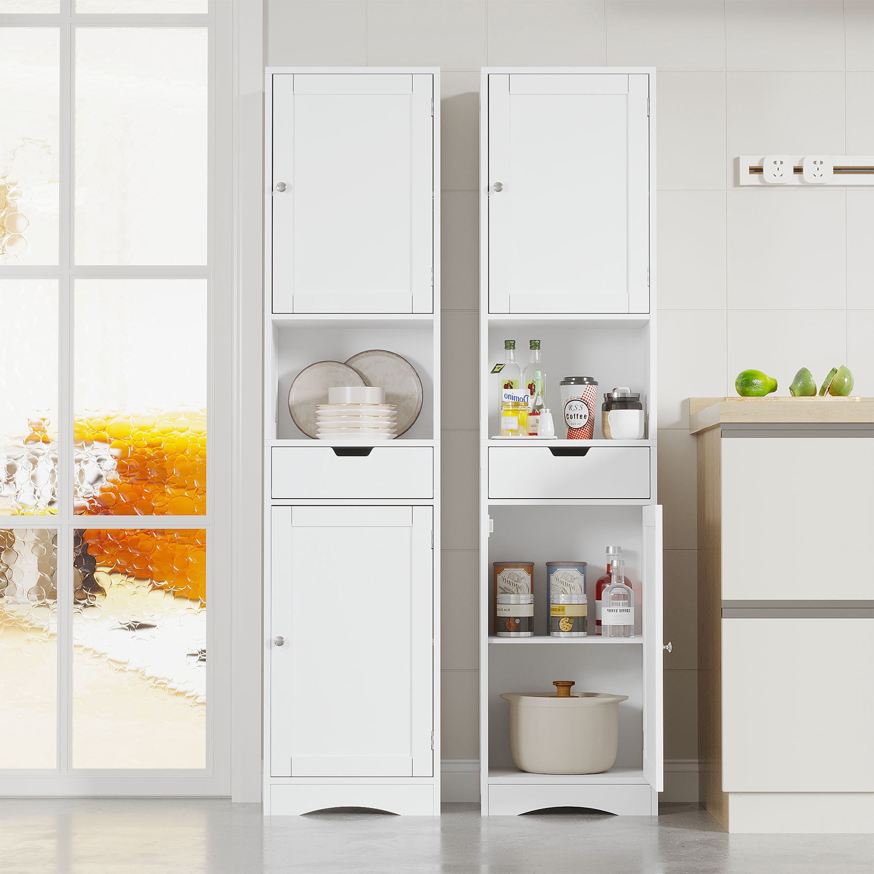 S-HOME 67 Inch Tall White Bathroom Cabinet with 2 Doors and 1 Drawer, Storage Organizer with Adjustable Shelves for Home Use