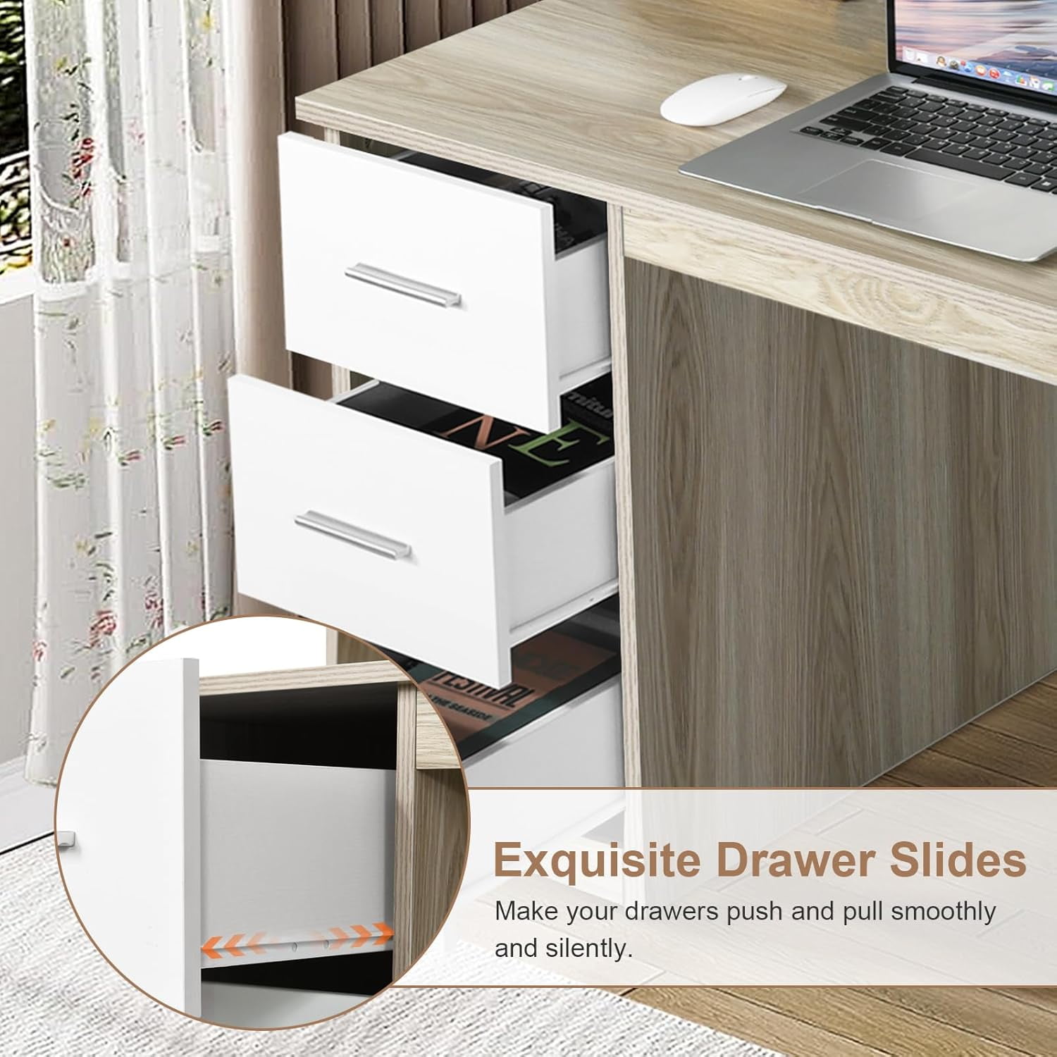 DreamCurship 47 in White Computer Desk, Home Office Desk with Hutch Shelf, Wood Study Writhing Desk with 3 Drawers for Home Office, Oak White