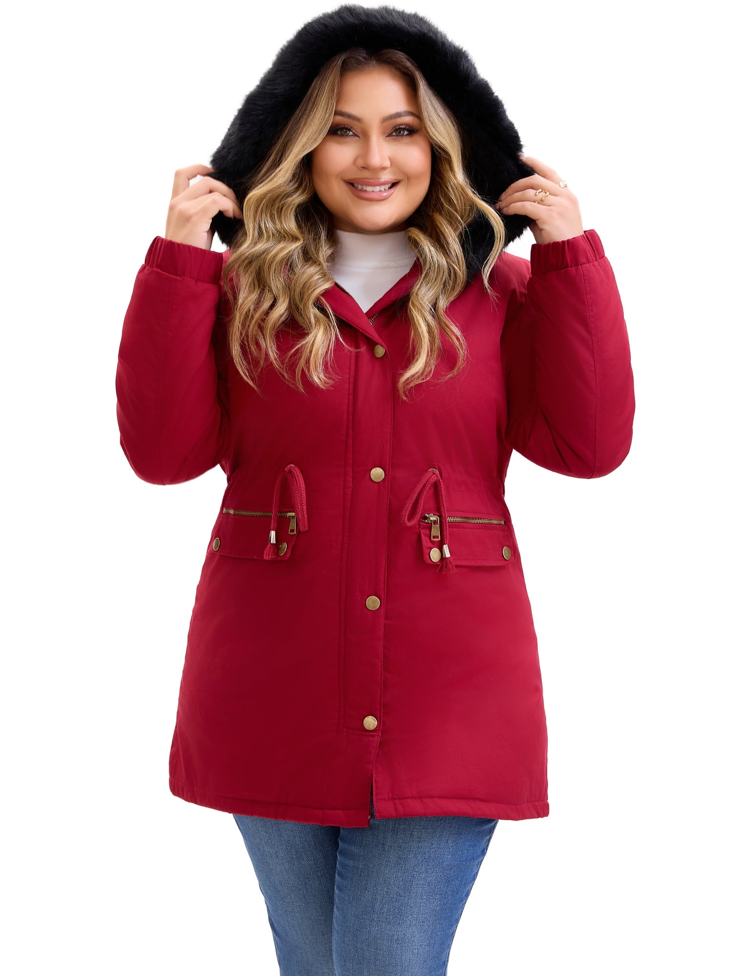 DARING DIVA Women's Plus Parka Jacket Zipper Up Fleece Windbreaker with Pocket 2X Burgundy