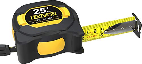 LEXIVON 25Ft/7.5m AutoLock Tape Measure 1-Inch Wide Blade with Nylon  Coating, Matte Finish White  Yellow Dual Sided Rule Print Ft/Inch/ Fractions/Metric (LX-205)